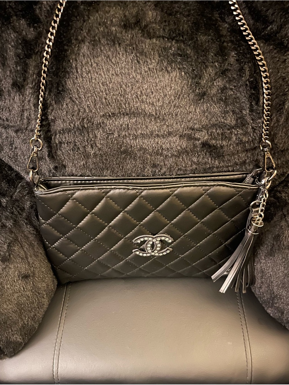 Gorgeous black quilted rhinestone bling CC tassel convertible crossbody bag.
